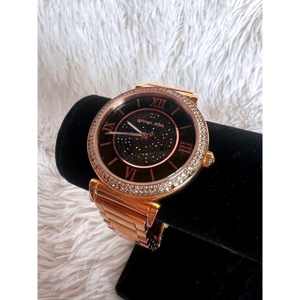 Michael Kors Watch Rose Gold  Black Sparkle Dial Crystal‎ Bezel Needs Battery